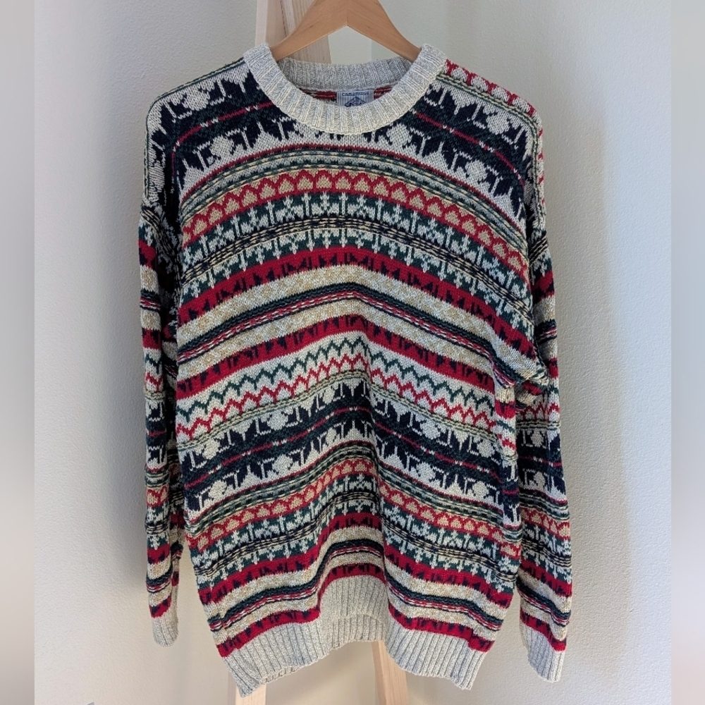 Vintage Nordic Abstract Geometric Textured Crewneck Sweater In Gray